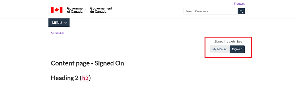 Government of Canada, Gouvernement du Canada, Français, Search Canada.ca, Menu, Canada.ca, Signed in as John Doe, My account, Sign out, Content page - Signed On, Heading 2 (h2)